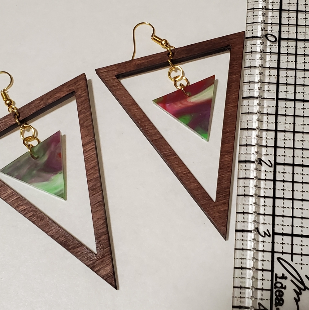 Wood & Colored Acrylic 3" Earrings Triangle Shape